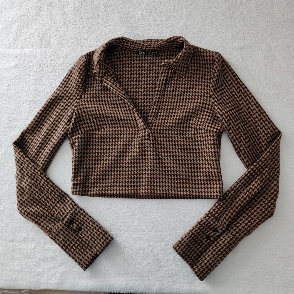 Zara Houndstooth Crop Top Womens Small Brown Black Collared Academia Preppy - Picture 5 of 12